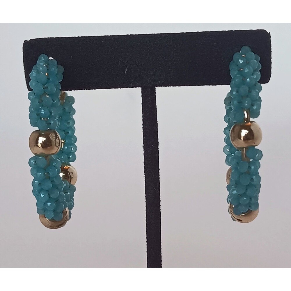 Boutique Goldtone Blue Chalcedony Wrapped Hoop Earrings 1.75 in